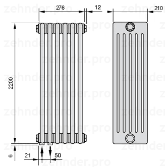 Схема (чертеж) Радиатор Zehnder Charleston 6220/6 №3370 Белый глянцевый RAL 9016